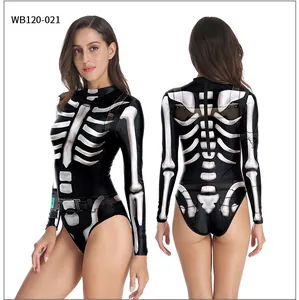 Dettagli fronte e retro del costume da bagno intero a maniche lunghe con stampa scheletro