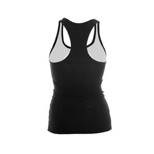 Sleek black racerback tank top for yoga and fitness shown on a white background