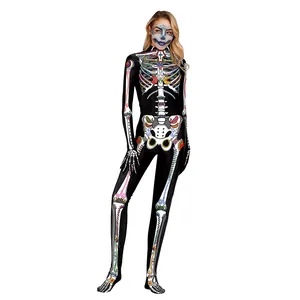 Women's skeleton jumpsuit featuring colorful floral bone prints for Halloween