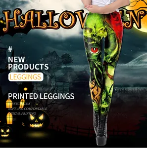 Detail van Halloween-leggings met neongroene schedel en monster digitaal printpatroon