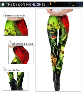 Detailweergave van de hoge taille en levendige schedelgraffiti op de leggings