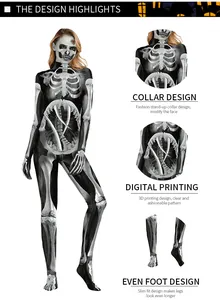 Détails de l'impression 3D squelette sur combinaison d'Halloween pour femme en tissu