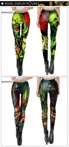 Gedetailleerde weergave van Halloween-leggings voor dames met schedel- en pompoenprints
