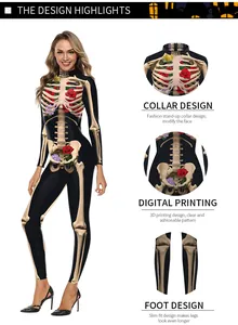 Detail view of 3D skeleton and rose print on a slim fit bodysuit with high neck collar