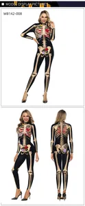 Detailed front and back view of 3D rose skeleton printed spandex stage jumpsuit