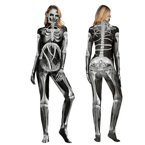 Combinaison Squelette Halloween pour Femme Impression 3D Crâne Coupe Ajustée Élastique Manches Longues Costume Cosplay Fête