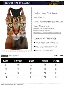 Size chart for women sleeveless cat print yoga tank top with fabric specifications