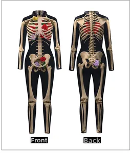 Detailed front and back views of 3D rose skeleton jumpsuit for stage performances