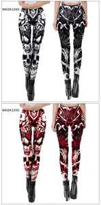 Vooraanzicht en achteraanzicht van hoge taille leggings met schedel- en graffiti-print