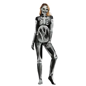 Combinaison squelette Halloween pour femme avec impression d'os réaliste sur tissu noir