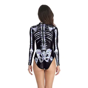Body noir à manches longues pour femme avec imprimé squelette et diamants