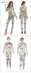 Detail view of scary bloody print and green stripes on a Halloween bodycon jumpsuit