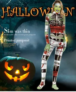 Detail of Halloween mummy skeleton bodysuit with realistic blood splatters and tight fit