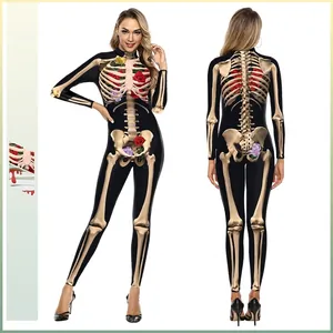 Women's Halloween Skeleton Floral Print Jumpsuit 3D Digital Printed Slim Fit Unitard Bloody Mummy Bandage Cosplay Costume For Party