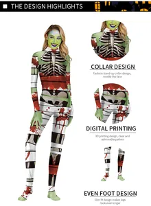 Detail view of mummy skeleton jumpsuit with 3D digital print and stand collar design