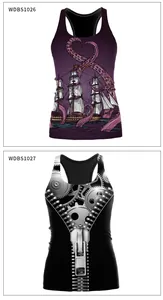 Dettaglio di due canotte da donna con ingranaggi steampunk e stampe nautiche 3D octopus