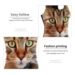 Women sleeveless yoga tank top with realistic cat face print and sexy hollow cutout design