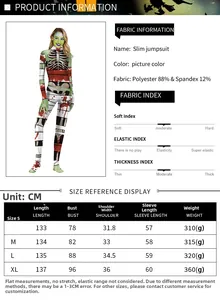 Detailed size chart for mummy skeleton bodysuit with fabric composition and measurements
