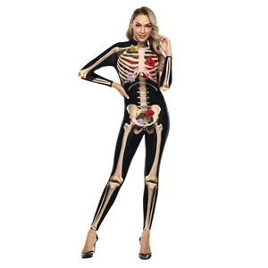 3D skeleton bodysuit for women with red roses in gothic style for Halloween costumes