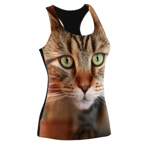 Women's athletic racerback tank top featuring a realistic cat face digital print