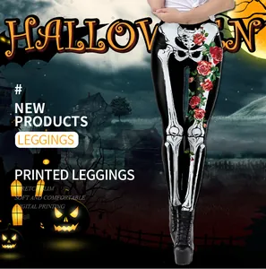 Detail of high-waist Halloween leggings with skeleton and red rose digital printing