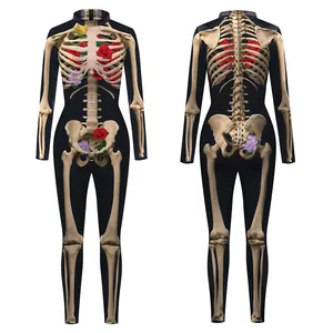 3D skeleton jumpsuit for women with gothic rose floral print, front and back view set