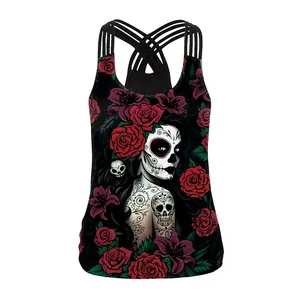 Women's 3D skull and rose print tank top with strappy criss-cross back design