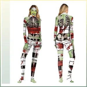 Women Halloween Skeleton Mummy Jumpsuit 3D Digital Print Blood Stain Tight Bodysuit Full Wrap Unitard Costume For Cosplay Party