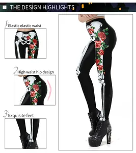 Detailed views of high waist rose and skeleton print leggings for Halloween fashion