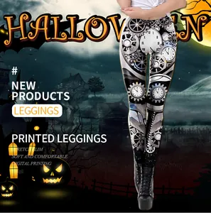 Detail of high-stretch steampunk leggings with 3D mechanical gears and clock prints
