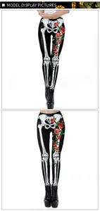Detail of Halloween leggings with skeleton and red rose digital print and black boots