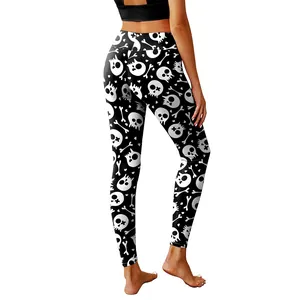 Leggings yoga da donna per Halloween con stampa di teschi a cartone animato e vita alta
