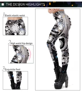 Detail view of steampunk leggings showing high waist gears and clockwork print patterns