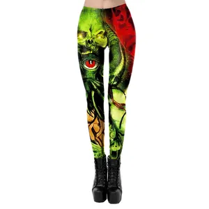Dames Halloween legging met groene schedel graffiti en monster oog print patronen