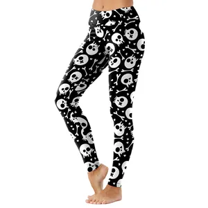 Leggings neri a vita alta con motivo a teschio cartone animato per Halloween