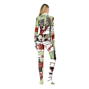 Halloween mummy skeleton bodysuit with realistic blood splatter and back zipper detail