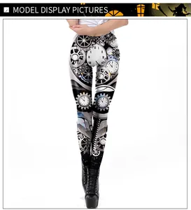 Detailed view of women's steampunk leggings with 3D mechanical gear and clock patterns