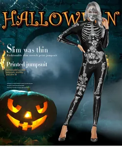 Detailed view of grey rose gold skeleton 3D print bodysuit in Halloween scenery