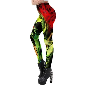 Dameslegging met hoge taille en groene monster- en rode nebula 3D digitale schedelprint