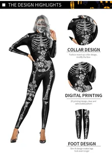 Detail of 3D rose and skeleton print on high-elastic Halloween bodysuit with stand collar