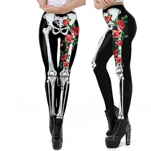 Halloween Women Gothic Skeleton Rose Printed Leggings High Waist Stretchy Digital Print Yoga Pants Holiday Party Slim Fit Trousers