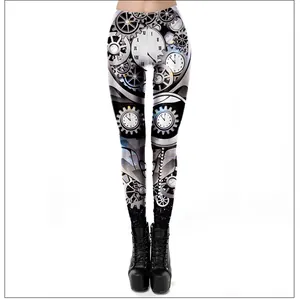 Close-up of steampunk leggings featuring mechanical gears and clock prints on fabric