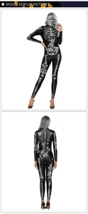 Front and back detail of a black bodysuit featuring grey skull bones and rose prints