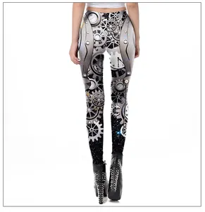 Detail view of steampunk leggings with mechanical gears and clock prints on back