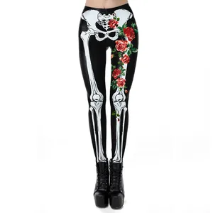 Women's Halloween skeleton leggings with red roses on black high elastic fabric