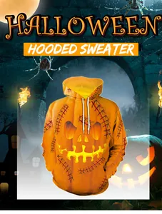 Detail view of Jack-o'-lantern print on orange hoodie with spooky Halloween castle background