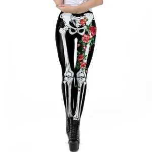 Women's Halloween leggings featuring skeleton bones and red rose digital print design