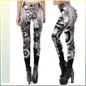Women's High Waist Steampunk Leggings Mechanical Gear Clock Starry Sky Print Stretching Slim Fit Halloween Party Wear Pants