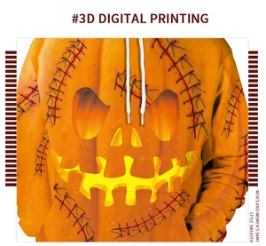 Detail of 3D digital printing showing stitching texture on orange pumpkin hoodie