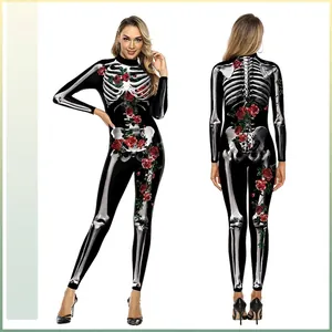 Tuta da Donna Halloween Stampa Scheletro Rosa Manica Lunga Bodycon Catsuit Costume Cosplay Festa Romper Aderente